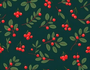 Seamless Pattern of Red Berries and Green Leaves on Dark Background