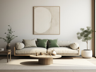 Minimalist japandi and wabi sabi style living room in light neutral tones and natural materials, with pottery decor and sage color accents. Japanese style living room. Minimalist interior.