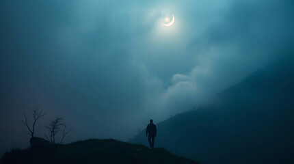 High angle perspective, mystic enchanting environment. Silhouette of a lone traveler walking towards a crescent moon, gentle color contrasts, dreamlike atmosphere, otherworldly quality.jpg