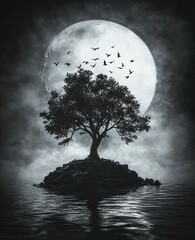 A black and white tree with birds flying around it, a moon in the background