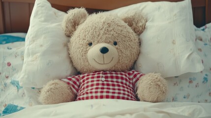 Teddy Bear Snuggled in Bed Cozy Childhood Comfort.