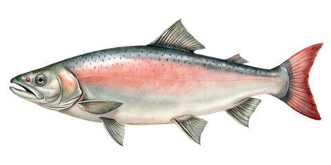 Fototapeta premium Detailed Watercolor Illustration of a Salmon Fish with Red Tail and Fins