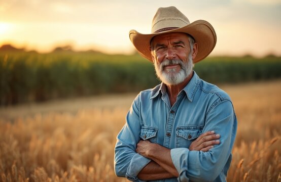Middle-aged man in wheat field. Bearded farmer wearing cowboy hat at sunset, smiles at camera. Wheat agriculture concept, countryside view. Good-looking senior man stands, crosses arms, poses.