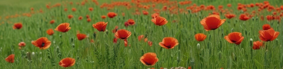 A vibrant red poppy blooms amidst lush green wheat , landscape, sunlight