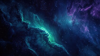 Cosmic nebulae dance in deep space.  Vast clouds of vibrant teal and violet nebulae swirl against a backdrop of inky blackness