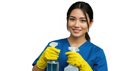 Woman cleaning with spray bottle