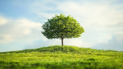 Fototapeta premium Lone Tree on Hill Green Oasis Under a Cloudy Sky.