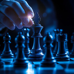 Strategic Hand Placing Black King Chess Piece on Board
