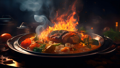 Flaming Grilled Meat with Vegetables and Sauce in a Rustic Pan