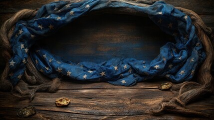 Aged American Flag draped on rustic wood