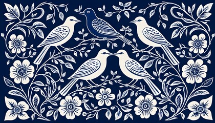 Blue and White Birds and Flowers Pattern