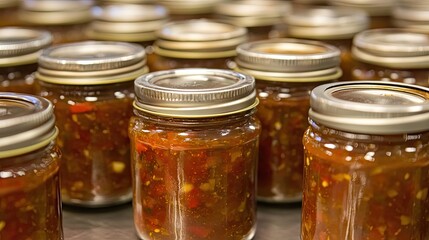 Homemade pepper relish in jars Kitchen setting Fresh produce.