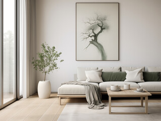 Minimalist japandi and wabi sabi style living room in light neutral tones and natural materials, with pottery decor and sage color accents. Japanese style living room. Minimalist interior.