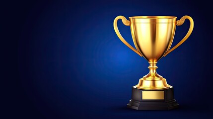 Golden Trophy of Victory Celebrating Success on Dark Blue Background.