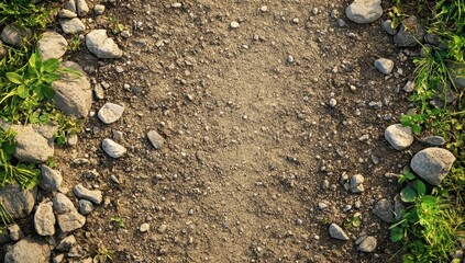 Dirt path bordered by rocks and grass.  Top-down view.  Natural path