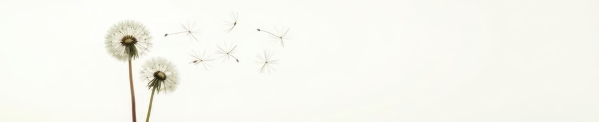 Fluffy dandelion seed head being blown on white background, wish, blowing