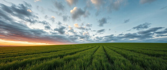 Rolling green wheat field at sunset under dramatic sky