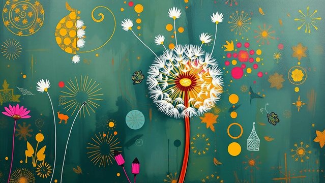 Moderne Kunst mit stilisierter Pusteblume auf einem dynamisch gestalteten Hintergrund in Gelb- und Blaut&ouml;nen, voller Punkte und grafischer Elemente.
