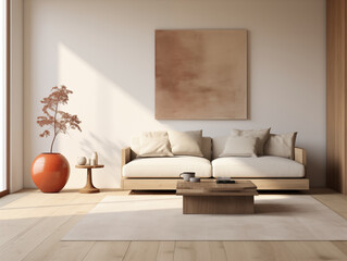 Minimalist japandi and wabi sabi style living room in light neutral tones and natural materials, with pottery decor and terracotta color accents. Japanese style living room. Minimalist interior.