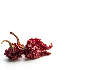 Obraz premium Dried Red Chili Peppers on White Background - Two dried red chili peppers isolated on a white background. Perfect for culinary or spice-related projects