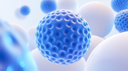 Blue Sphere Among White Abstract Molecular Visualization.