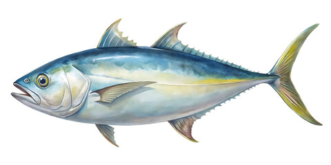 Fototapeta premium Watercolor Illustration of a Majestic Yellowfin Tuna Fish on a transparent Background