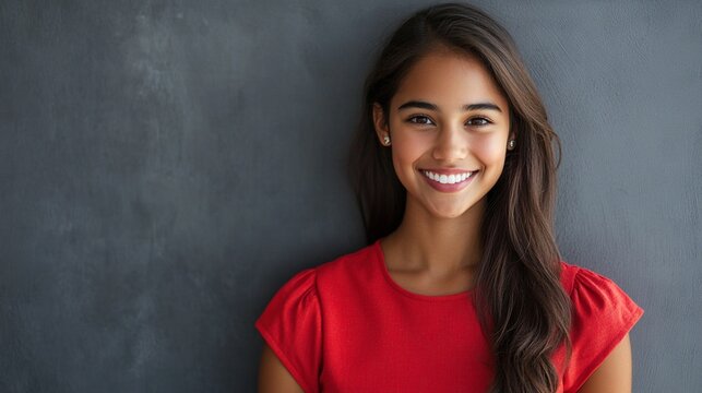 Smiling young woman in a vibrant red shirt stands confidently against a textured gray background, radiating warmth and approachability with her cheerful expression.