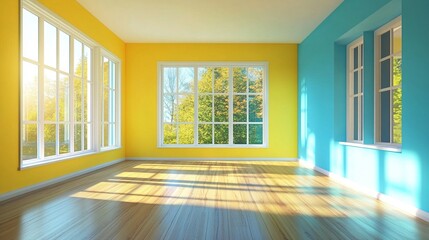 Obraz premium Bright and airy interior showcasing large windows with beautiful natural light streaming in, offering a perfect blend of yellow and blue walls in a modern living space.