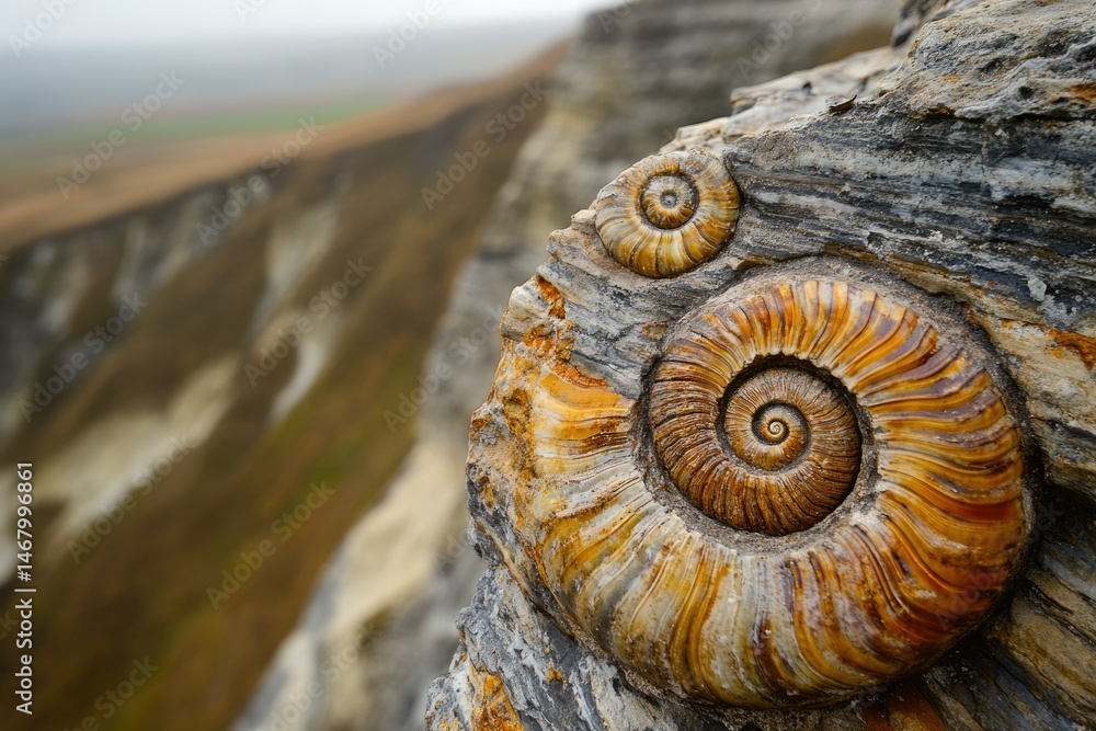 Poster ancient ammonite fossils embedded in a cliff face overlooking a vast landscape.