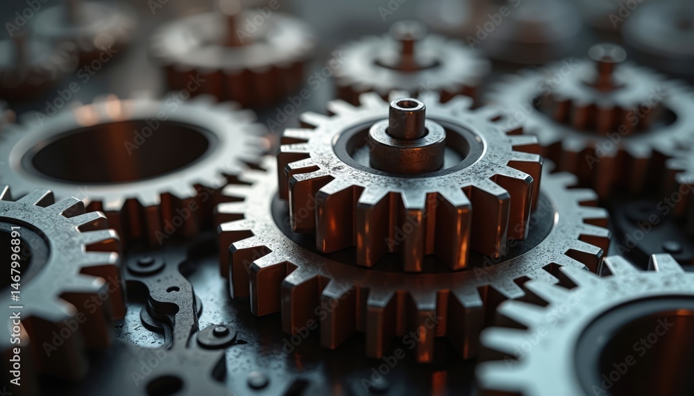 Poster close-up of detailed mechanical gears with metallic reflections. precision engineering, perfect inte