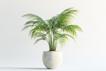Fototapeta premium Potted Palm Plant on White Background - Lush green indoor palm plant in a textured pot, symbolizing serenity, growth, nature, home décor, and tropical vibes