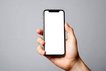 Hand with blank phone screen for tech innovation  
