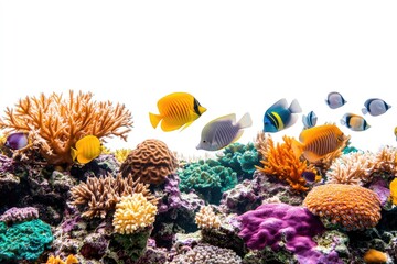Vibrant coral reef ecosystem teeming with colorful tropical fish against a clean, bright white background showcasing marine biodiversity.