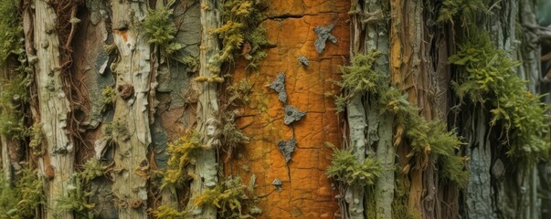 Obraz premium Ancient moss-covered tree trunk, weathered bark, lichen growth , surface, wild, element