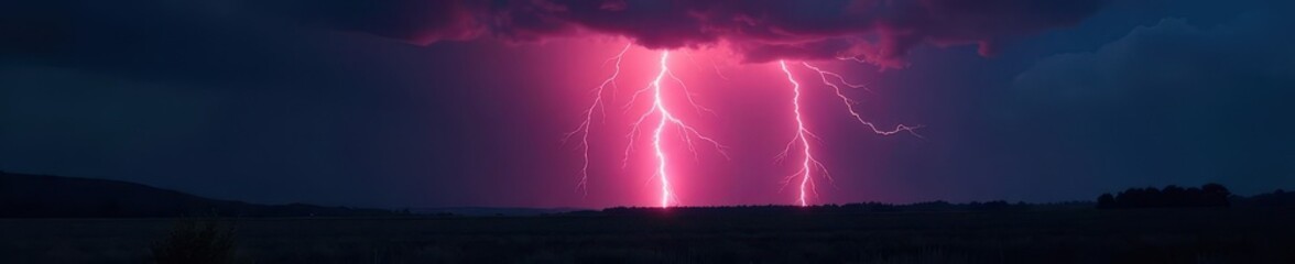 Bright flash of lightning strikes across a brooding, dark landscape, black and white, fear