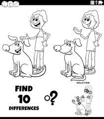 differences puzzle game with happy cartoon boy and his dog coloring page
