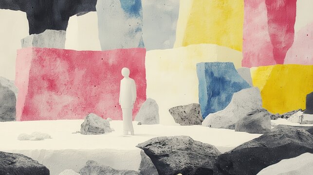 Abstract figure in colorful block landscape whimsical minimalist composition evoking serenity imagination and introspection watercolor elements
