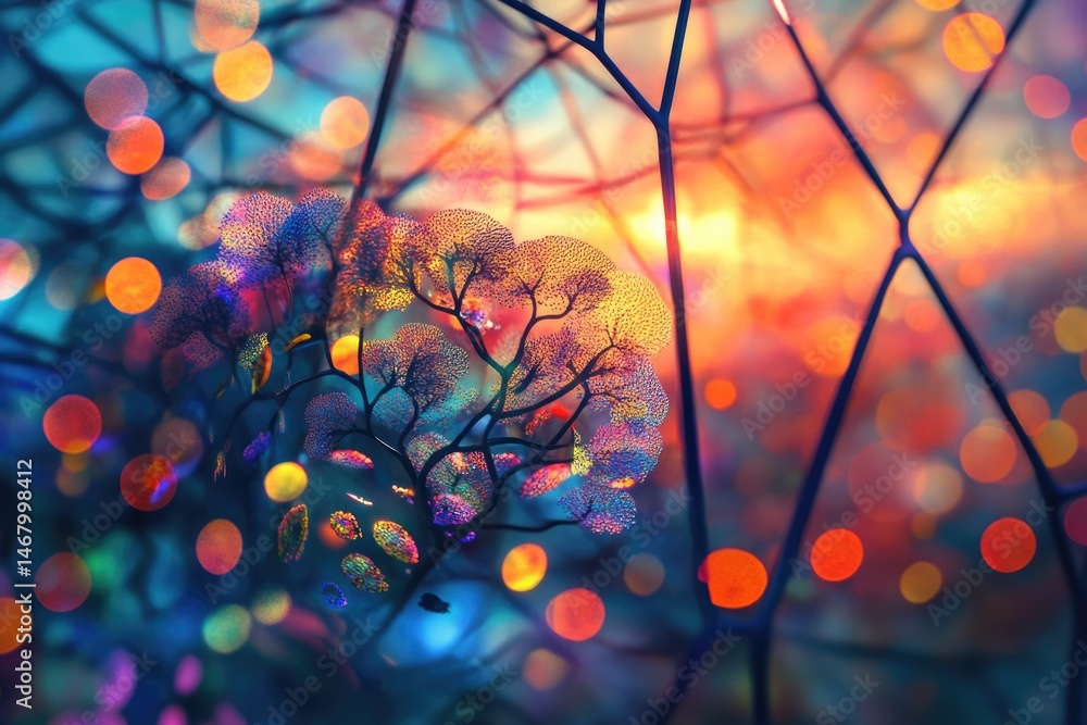 Poster abstract, dreamy scene with colorful bokeh, tree-like structures, and vibrant light, creating a magi