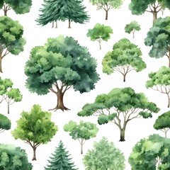 Watercolor Seamless Pattern of Various Green Trees
