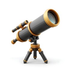Realistic Black 3D Cartoon Telescope on White Background