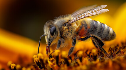 Bee Pollinating Sunflower Macro