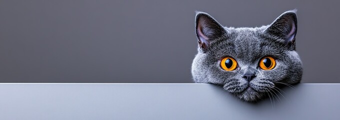 Fototapeta premium A cat peeking out from the bottom of an empty gray background