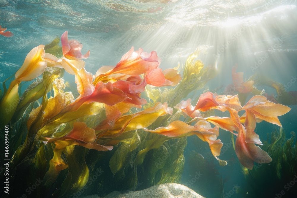 Poster sunlight streams through the water, illuminating vibrant kelp forests and the sandy seabed below, cr