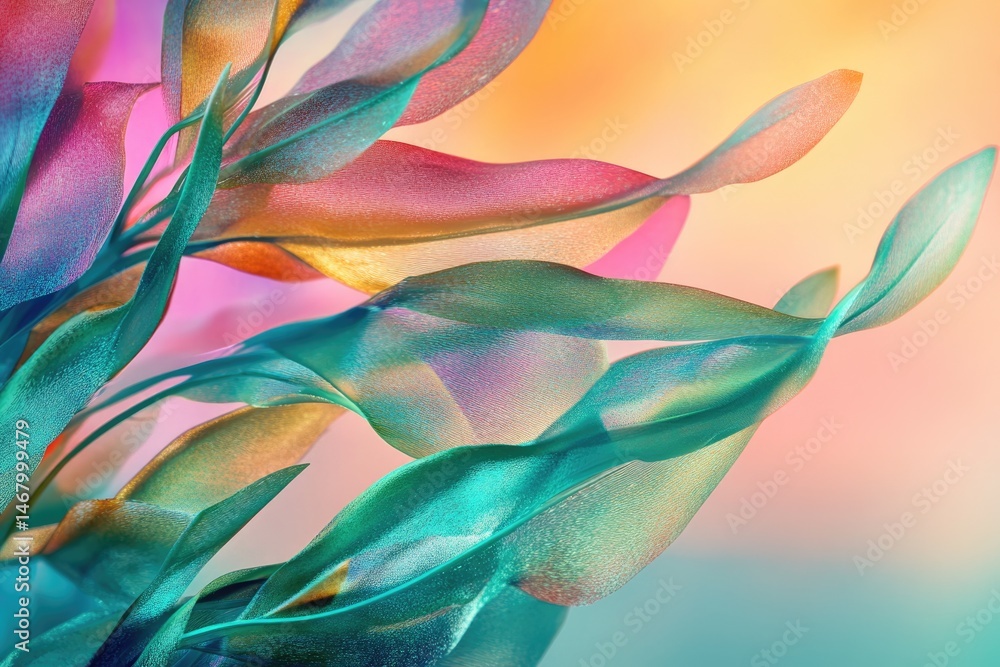 Poster abstract illustration of translucent colorful leaves with gradient background, creating a whimsical 
