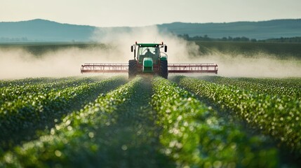 Fototapeta premium Tractor Spraying Crops in Sunny Field.