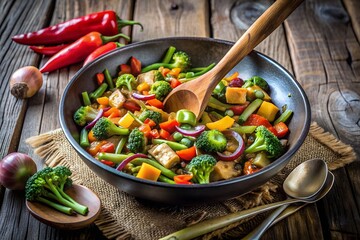 beans with vegetables stir on pan, warm wooden