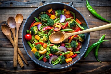 vegetables on a wooden spoon with pan