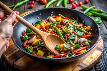 vegetables on a wooden spoon with stir pan, warm