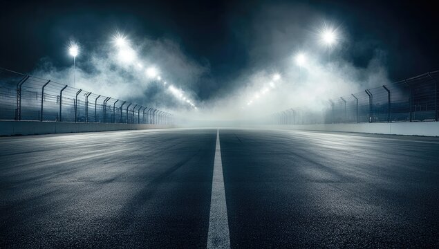Empty race track at night, shrouded in fog.  Powerful spotlights illuminate the asphalt course