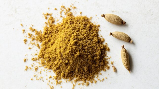 Top down view of a pile of cumin powder and a few whole cumin seeds placed on a white surface emphasizing their texture and color contrast overlay cut out on isolated transparent removed background